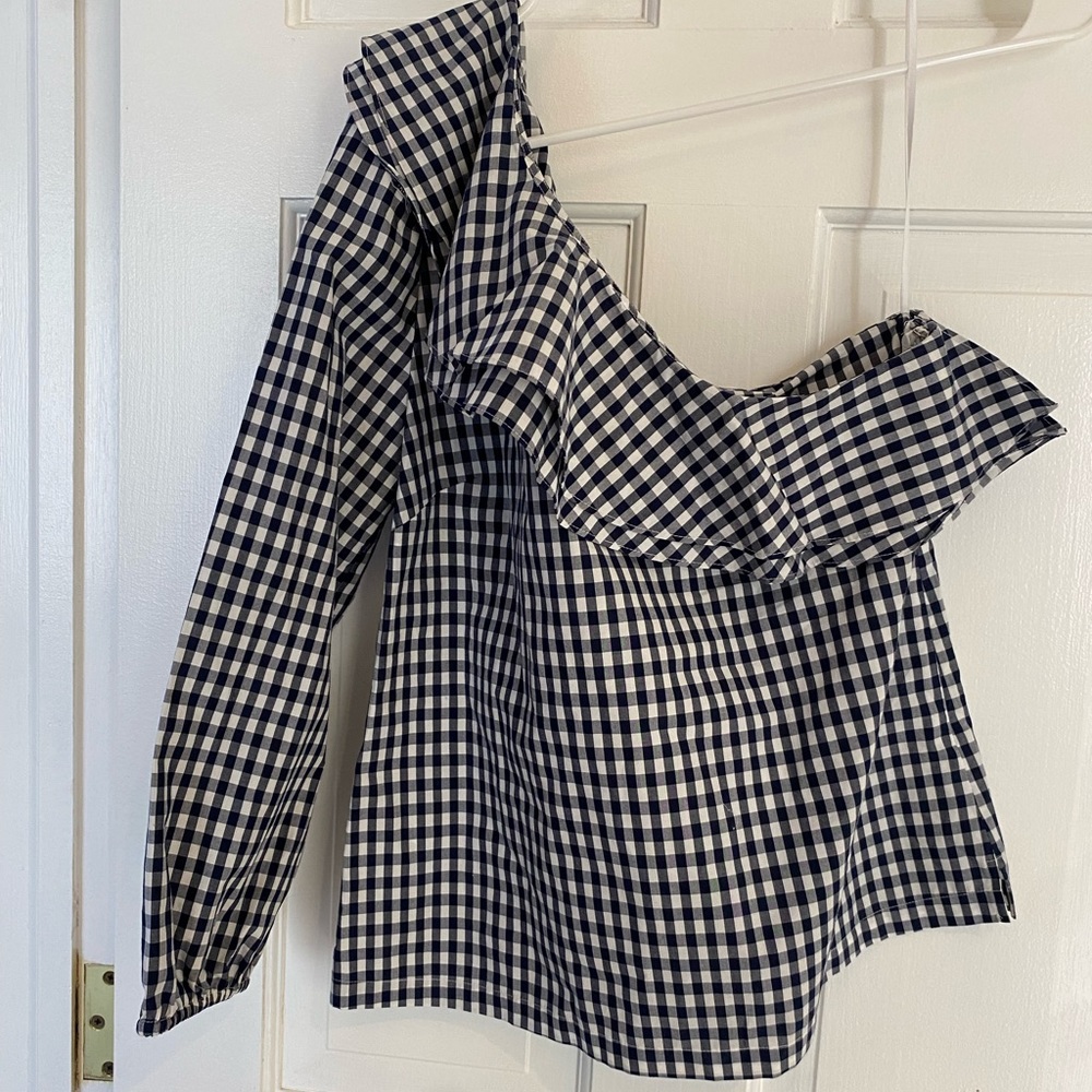 NWT J Crew One-Sleeved Checked Top Navy Blue Size6
